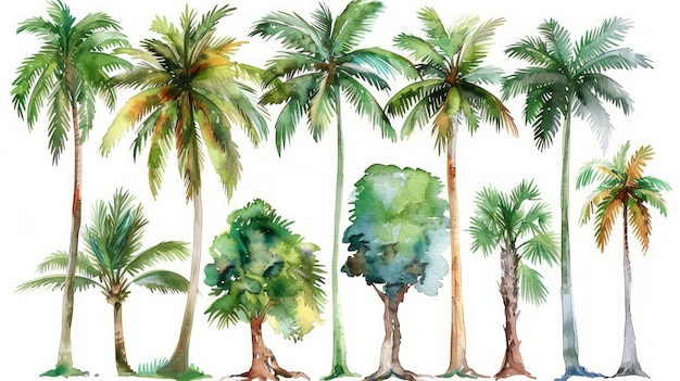 Set di alberi tropicali disegnati a mano con dipinti di palme AI generativa