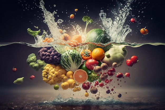 Set di alimenti per una corretta alimentazione per uno stile di vita sano Mangiare sano Frutta verdura acqua pura Dieta biologica Cibo calorico Bel corpo
