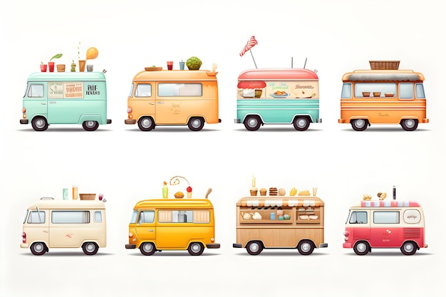 Set di almeno otto illustrazioni di food truck isolate su sfondo bianco Automobile cafe o ristorante su ruote Takeaway cibo e bevande Generative Ai