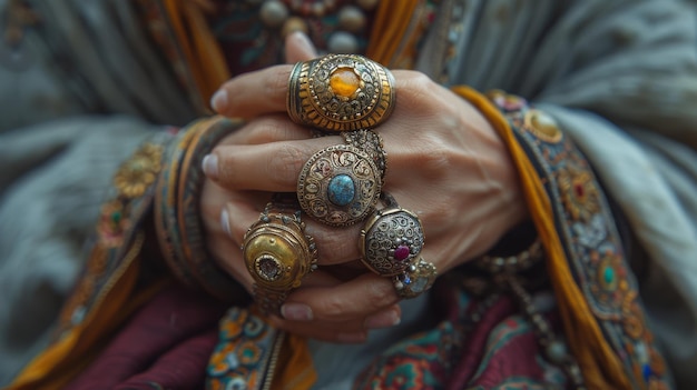 set di anelli d'argento e d'oro d'epoca in stile ottomano con pietre preziose e semipreziose