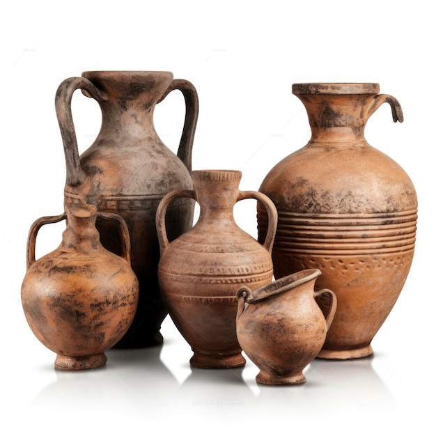 Set di antica brocca in terracotta e vasetti isolati su bianco