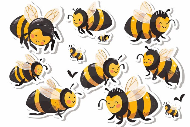 Set di api mellifere in varie pose su sfondo bianco