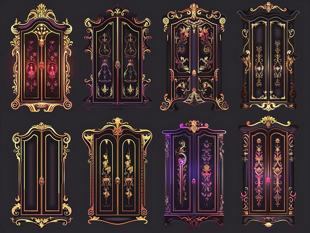 Set di armadi eleganti 16 Bit Pixel con incisioni ornate e arte concettuale di Gold Game Asset Design