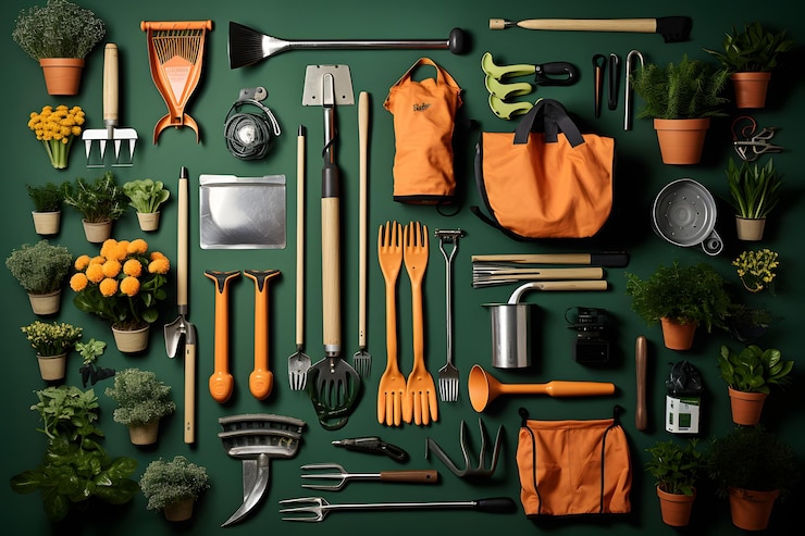 Set di attrezzi da giardinaggio e collage di vasi da fiori