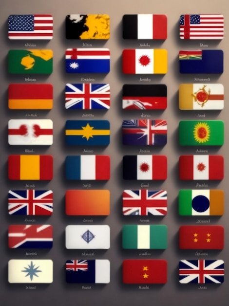 Set di bandiere dei paesi più famosi bandiere a forma di cerchio su uno sfondo grigio