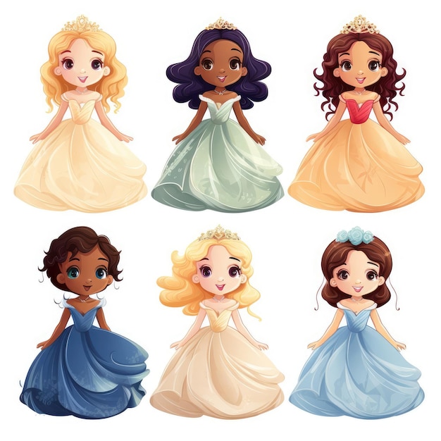 Set di belle principesse in abiti di lusso su uno sfondo bianco