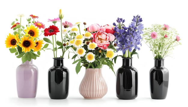 Set di bellissimi fiori freschi in vasi eleganti su sfondo bianco