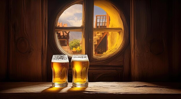 set di birra e bicchieri su tavolo in legno foto concettuale nello stile di marcin sobas