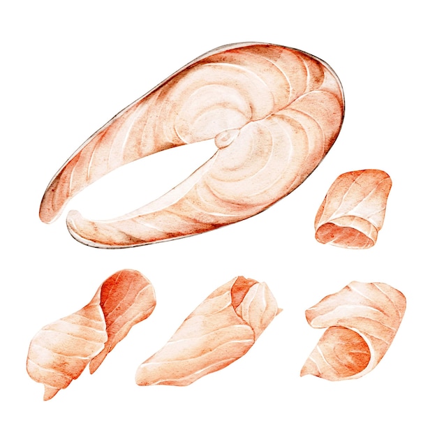 Set di bistecca di salmone arancione e fette su uno sfondo bianco isolato illustrazione digitale ad acquerello disegnata a mano Adatta per menu e libri di cucina poster di imballaggio cartellone ricetta di design di mercato