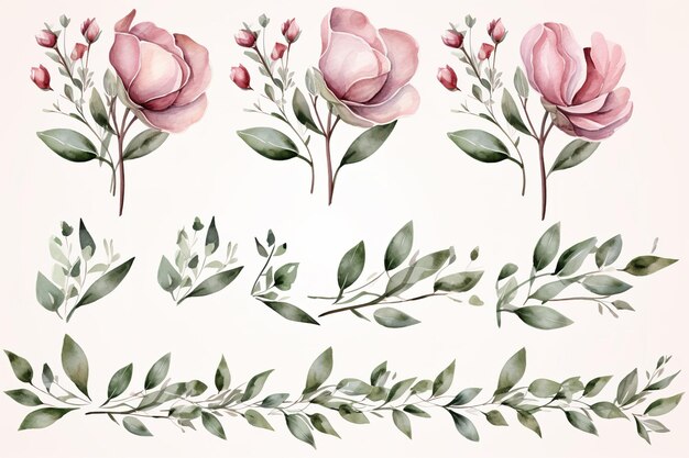 Set di bordo cornice floreale acquerello con rosa rosa