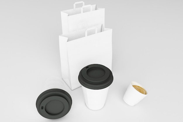 Set di borse da spesa di carta bianca e tazze da caffè su sfondo bianco rendering 3D