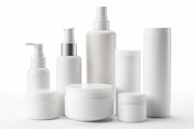 Set di bottiglie cosmetiche mockup su sfondo bianco 3d'illustrazione