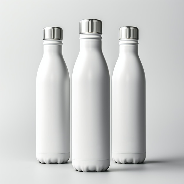 Set di bottiglie macchiate di bianco con eleganti coperchi d'argento Mockup