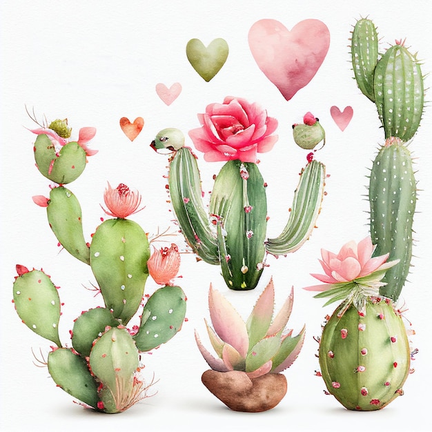 Set di cactus e fiori in fiore dipinti ad acquerello creati con la tecnologia Generative AI