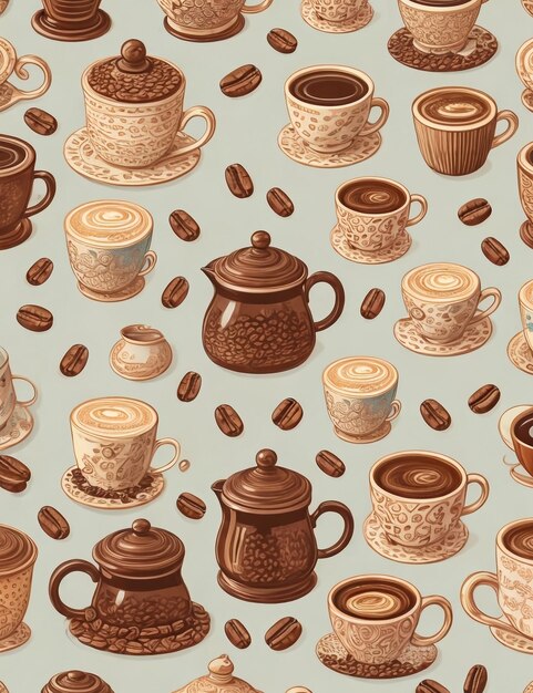 Set di caffè tema modello sfondo tazze di caffè chicchi di caffè bellissima stampa illustrata disegnata a mano