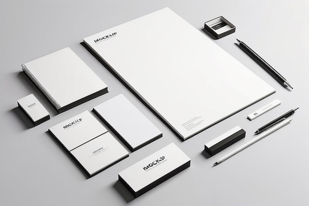 Set di cancelleria personalizzabile Mockup Showcase Identità del marchio su sfondi bianchi vuoti