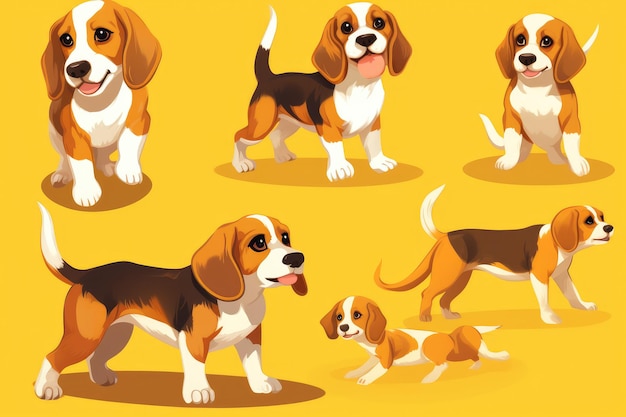set di cani beagle in posizioni diverse
