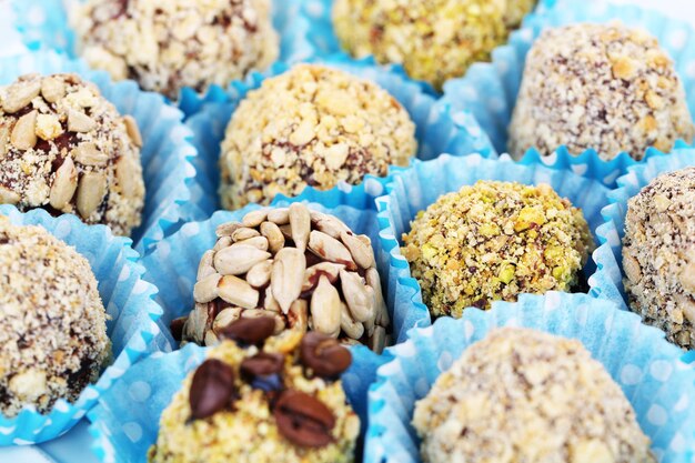 Set di caramelle al cioccolato, primi piani