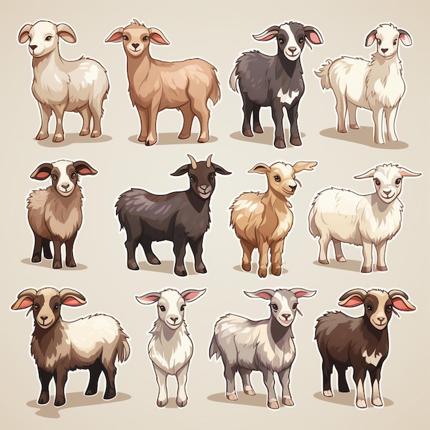 Set di caricature di pecore con fiori e foglie Illustrazione vettoriale
