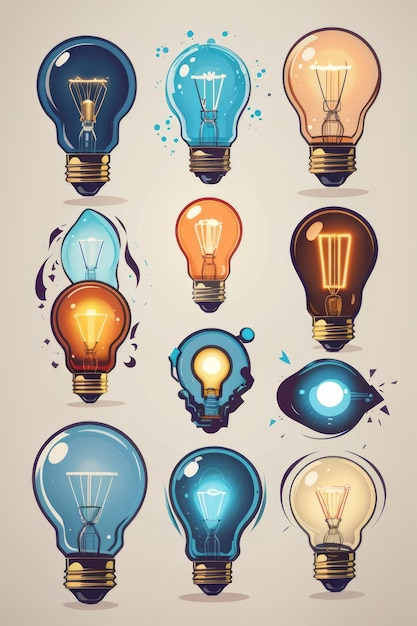 Set di cartoni animati con icone di lampadine vintage linea di lampade idea di doodle lampadina piatta simbolo di energia segno di potenza