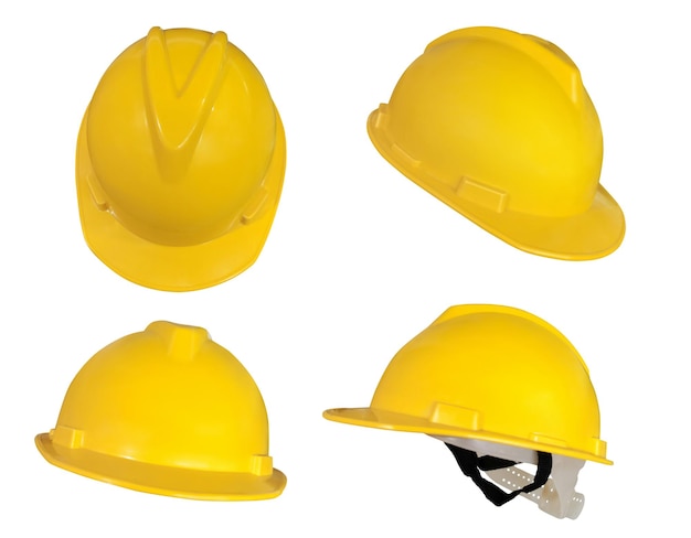set di caschi di deferenza gialli strumenti di costruzione per la sicurezza industriale isolati su sfondo bianco
