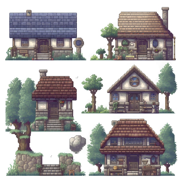 Set di case pixelate con alberi e cespugli Illustrazione vettoriale