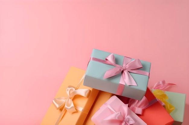 Set di caselle colorate presenti su carta regalo sfondo rosa paslet Banner regalo o concetto di vacanza
