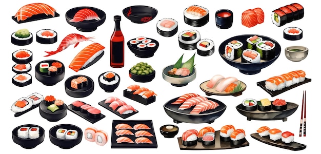 Set di caviale di salmone in salsa di sushi Acquerello dipinto a mano illustrazione isolata su sfondo bianco