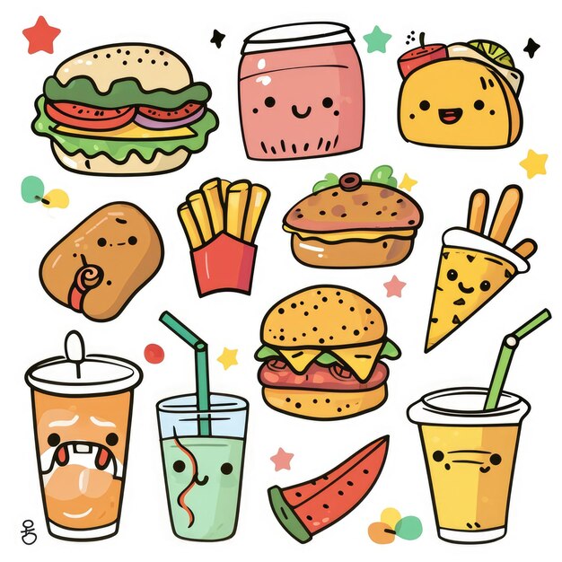 Set di cibo in vari stili di cartoni animati