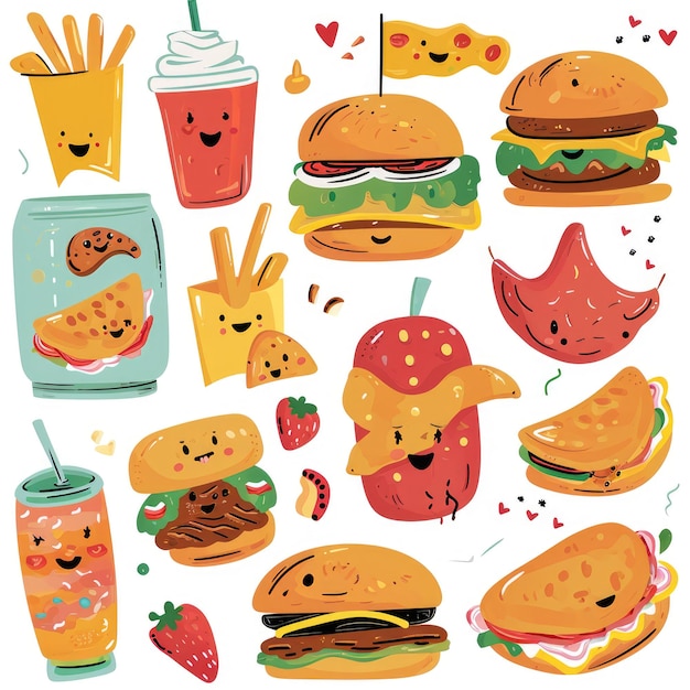 Set di cibo in vari stili di cartoni animati