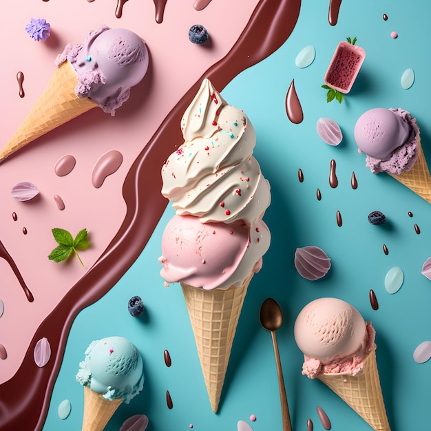 Set di ciotole con varie palline di gelato colorate con gusti diversi e ingredienti freschi su sfondo rosa vista dall'alto Generativo ai