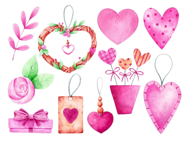 Set di clip art per il giorno di San Valentino isolato su bianco Illustrazioni romantiche del giorno dell'amore dell'acquerello rosa