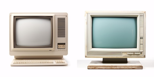 Set di close-up di un vecchio monitor di computer isolato su uno sfondo bianco Retro wave vecchio personal computer PC Nostalgia concept