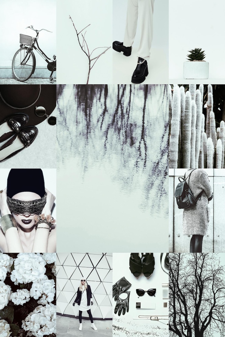 Foto set di collage fotografici estetici di tendenza immagini minimalistiche di un colore superiore fashion white moodboard