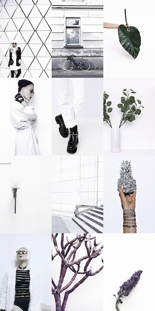 Set di collage fotografici estetici di tendenza Immagini minimalistiche di un colore superiore Fashion white moodboard