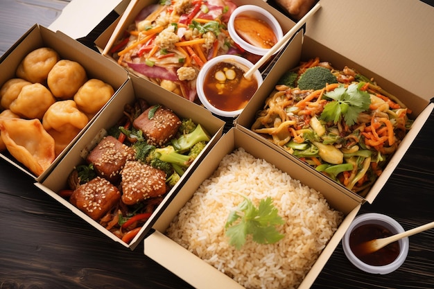 Set di consegna di cibo asiatico con riso, insalate, salse e carne