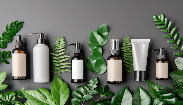 Set di contenitori e bottiglie di cosmetici SPA modelli di marchi e foglie verdi Shampoo Top view