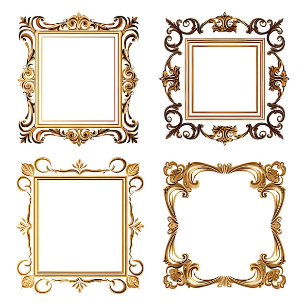 Set di cornici dorate per dipinti specchi o foto isolate su sfondo bianco