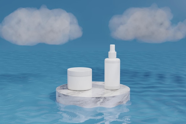 Set di cosmetici su podio in marmo sull'acqua. illustrazione 3D.