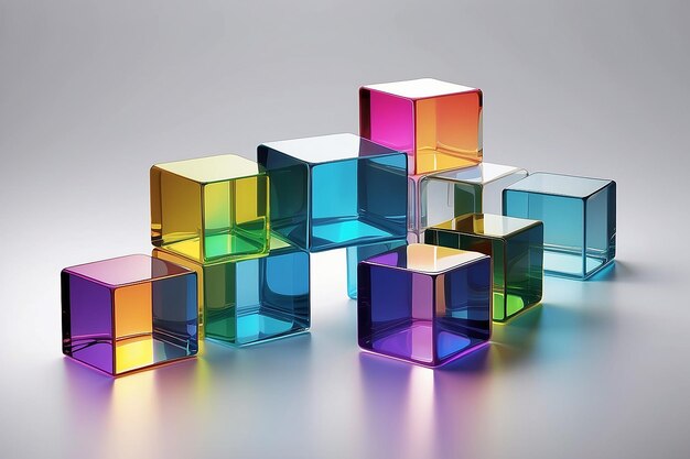 Set di cubi lucidi trasparenti 3D con effetto di dispersione Colori dell'arcobaleno vetro riflettente Illustrazione vettoriale