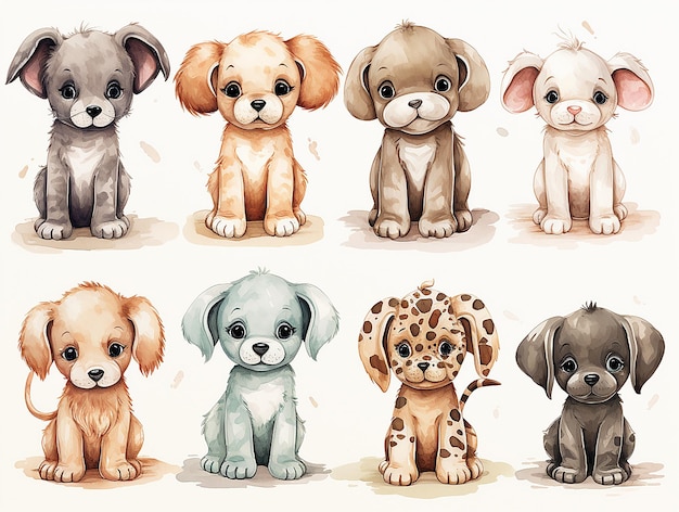 set di cuccioli ad acquerello antropomorfo clip art cutebaby animali su sfondo bianco