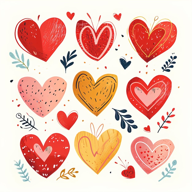 Set di cuori disegnati a mano Illustrazione vettoriale Elementi di design per San Valentino