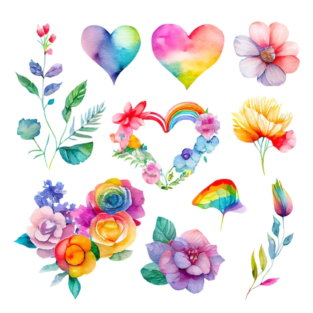 Set di cuori e fiori isolati su bianco Acquarello collezione arcobaleno