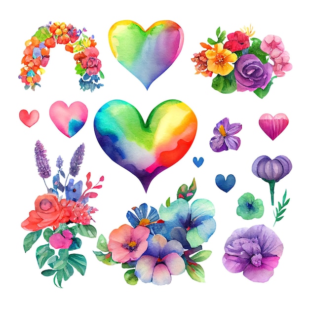 Set di cuori e fiori isolati su bianco Collezione arcobaleno Illustrazione ad acquerello