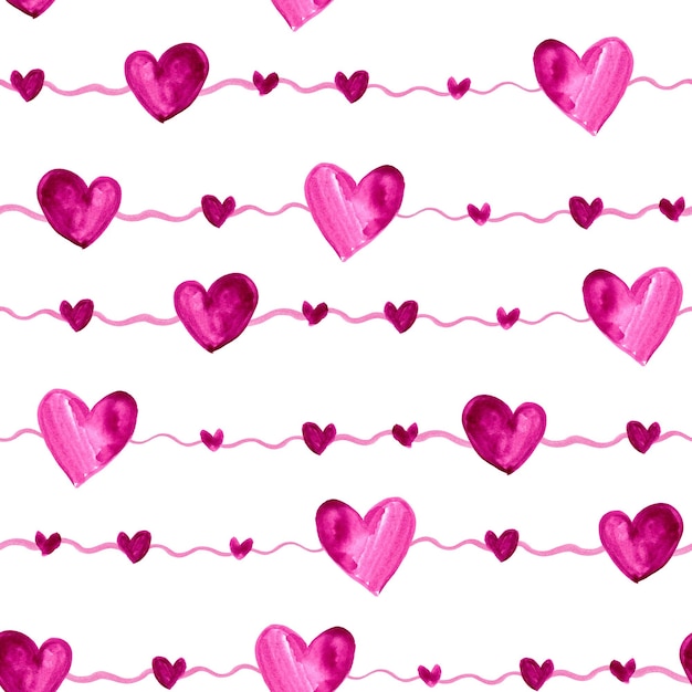 Set di cuori rossi, rosa, viola dell'acquerello. Buon San Valentino carta Seamless texture con divertente wate