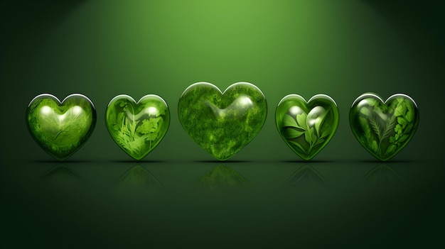 Set di cuori trasparenti nei colori verdi isolati su sfondo verde Cuori di cristallo smeraldo con erba e foglie come simbolo dell'amore della terra e dell'ambiente sano Concetto di vita verde IA generativa