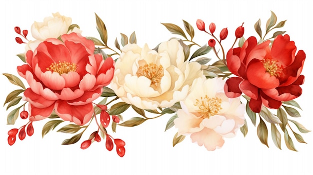 Set di delicate peonie rosse e bianche e illustrazioni ad acquerello con cornici dorate