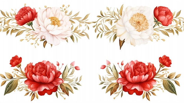 Set di delicate peonie rosse e bianche e illustrazioni ad acquerello con cornici dorate