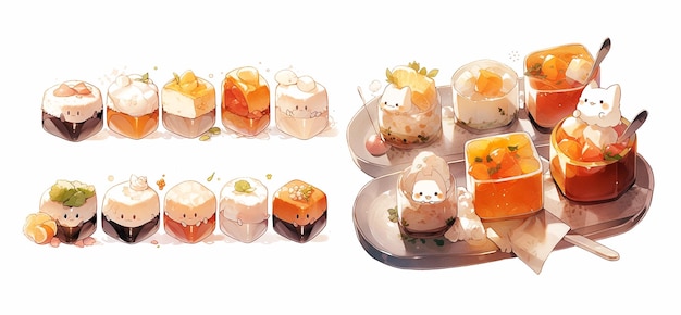 Set di dessert giapponesi isolati su illustrazione ad acquerello bianco dolci asiatici assortimento di cibi tradizionali