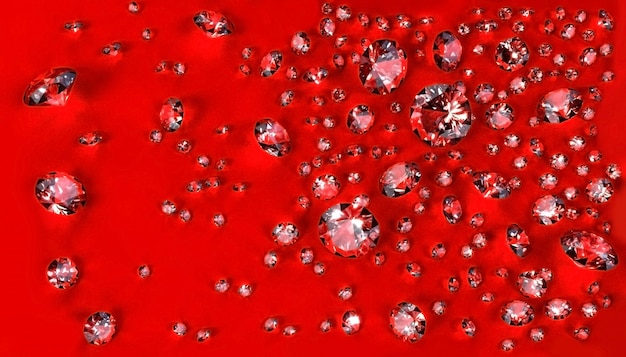 Set di diamanti sparsi sulla superficie rossa. Illustrazione 3D